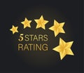 Five golden rating star on gray black background. Vector stock illustration. Royalty Free Stock Photo